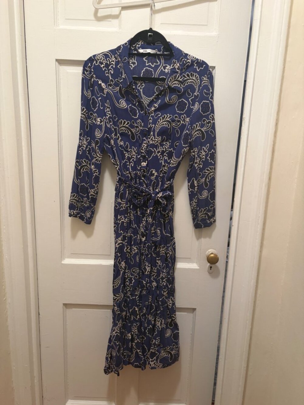 ZARA Blue Floral Button Front Midi Dress Tie Waist Long Sleeve XL (Fits L)